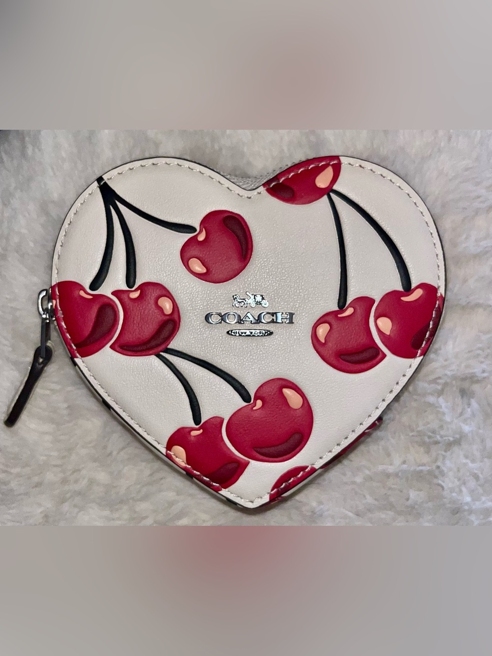 NWT Limited Coach CZ091 Leather Heart Coin Pouch Bag Charm With Cherry Print